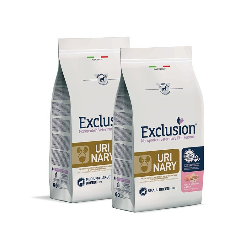 EXCLUSION Diet Urinary Adult Small Breed con Maiale, Sorgo e Riso 2 kg.