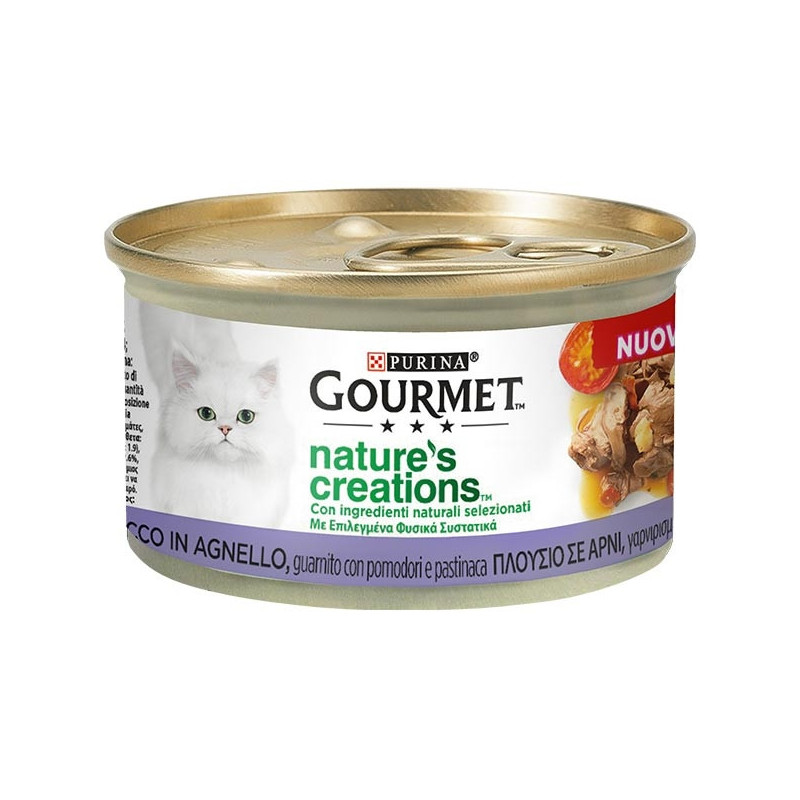 PURINA Gourmet Nature's Creations, Ricco in Agnello, Guarnito con Pomodori e Pastinaca 85 gr.