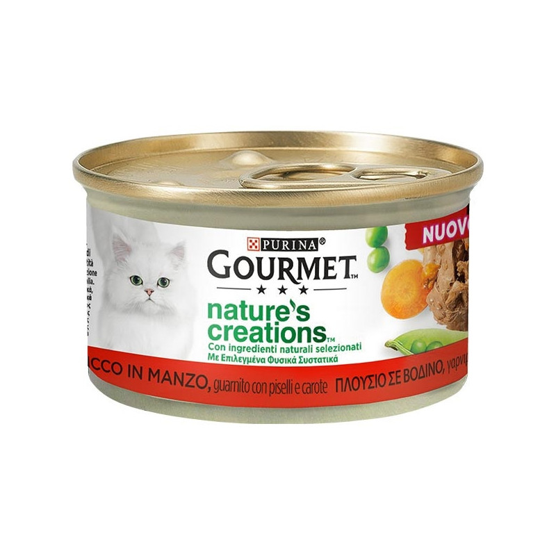 PURINA Gourmet Nature's Creations, Ricco in Manzo, Guarnito Piselli e Carote 85 gr.