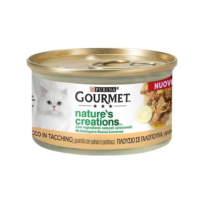 PURINA Gourmet Nature's Creations, Ricco in Tacchino, Guarnito Spinaci e Pastinaca 85 gr.