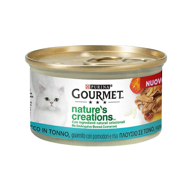 PURINA Gourmet Nature's Creations, Ricco in Tonno, Guarnito Pomodori e Riso 85 gr.