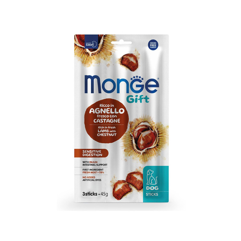 Monge - Snack Dog Sticks Adult Sensitive Digestion Ricco in Agnello Fresco con Castagne 45 gr.