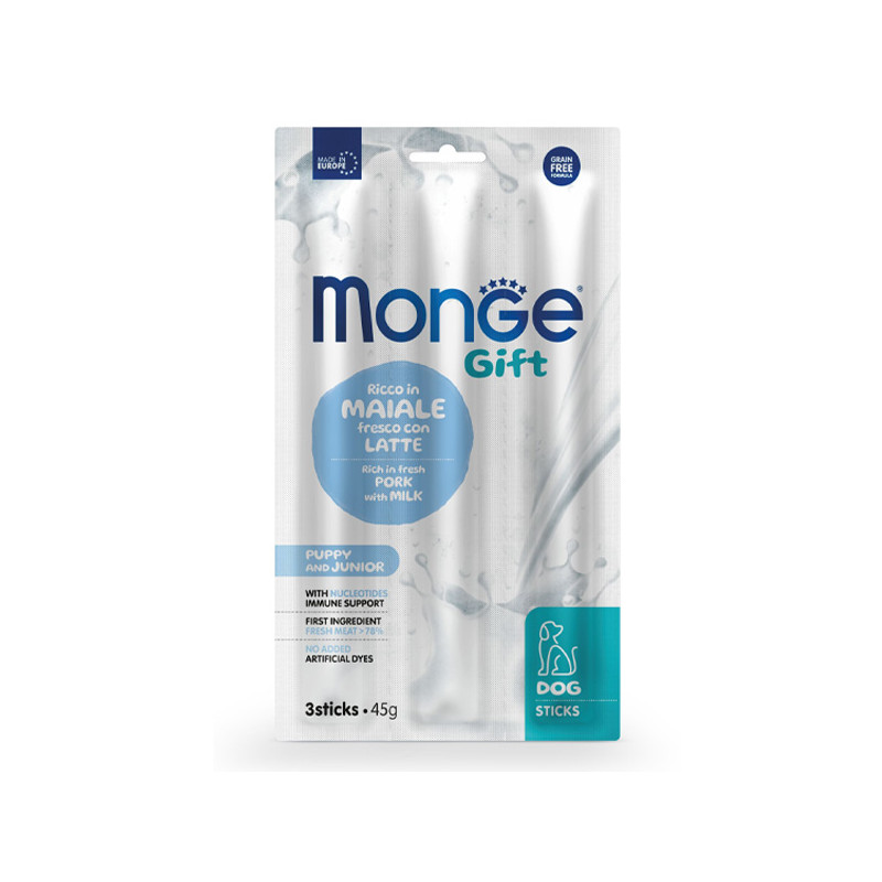 Monge - Snack Dog Sticks Puppy & Junior Accrescimento Ricco in Maiale Fresco con Latte 45 gr.