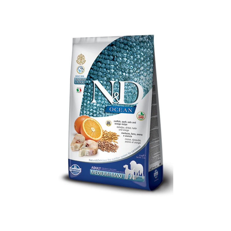 FARMINA N&D OCEAN Adult Medium & Maxi con Merluzzo, Farro, Avena e Arancia 12 kg