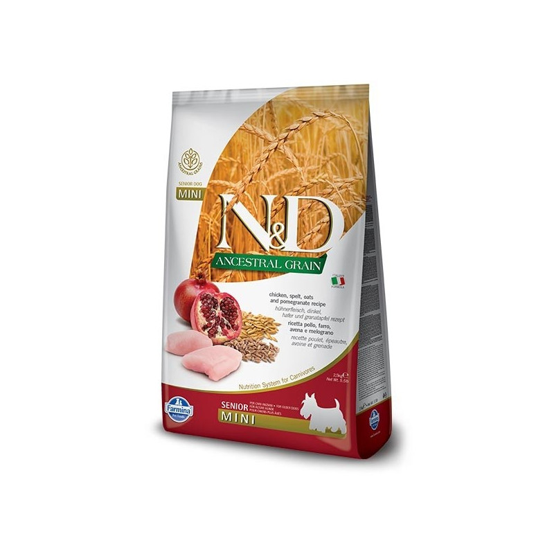FARMINA N&D LOW ANCESTRAL GRAIN cane senior mini medio farro avena pollo e melograno 2,5 kg
