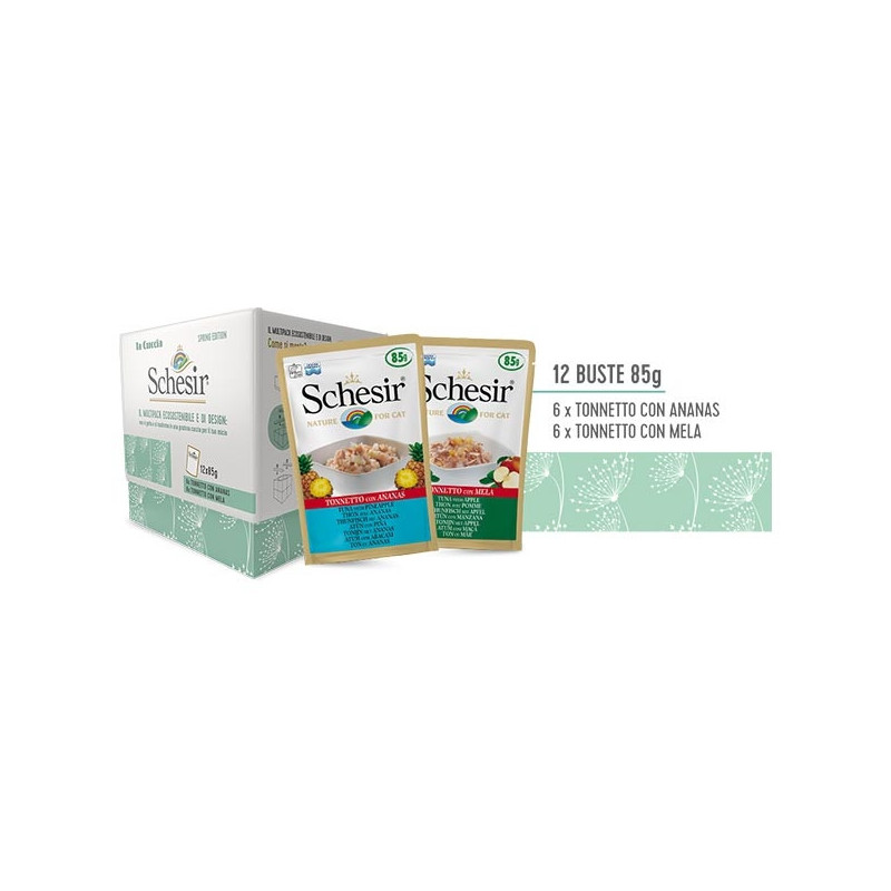 Schesir Gatto Multipack Ecosostenibile con Cuccie (gusto Tonneto e ananas  e Tonneto e mela) 1 set/2 cuccie + 12 bustine 85 g