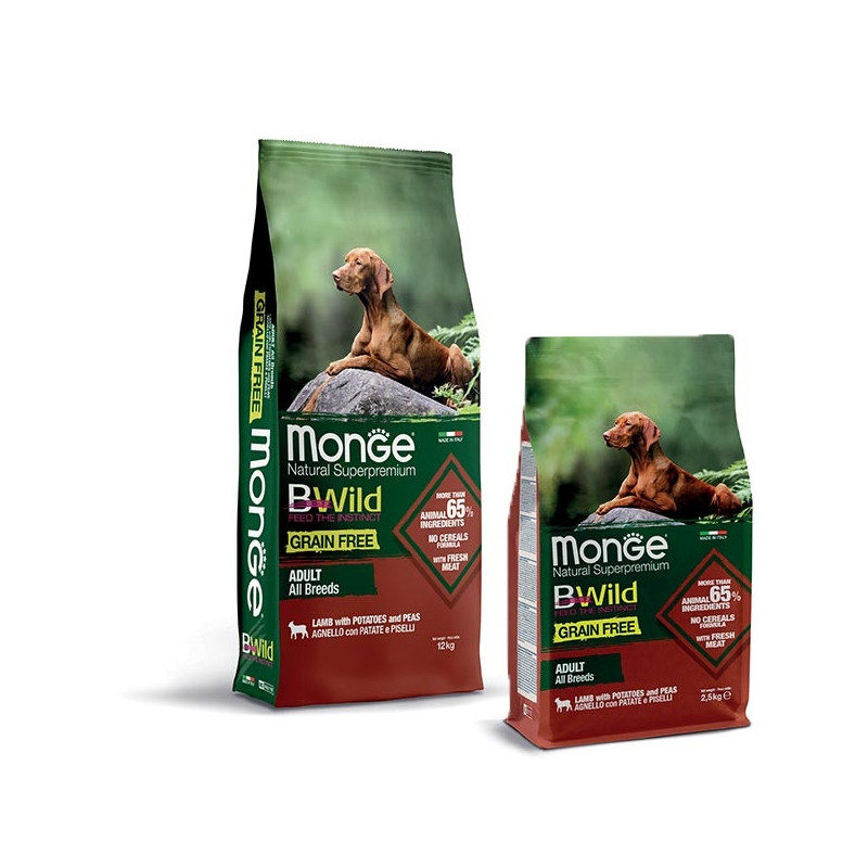 MONGE BWild Grain Free Adult alle Rassen mit Lamm, Kartoffeln und Erbsen 12 kg.