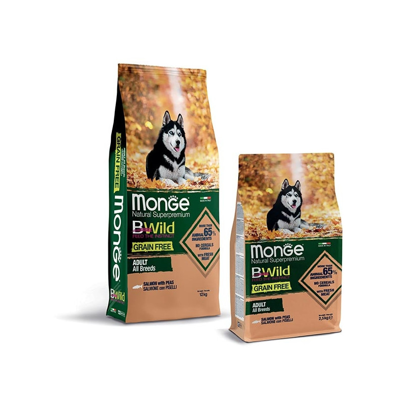 MONGE BWild Grain Free Adult Alle Rassen mit Lachs und Erbsen 12 kg.
