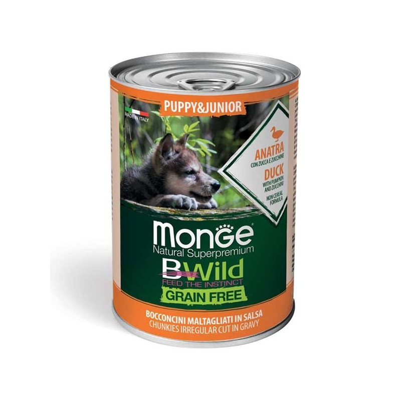 MONGE BWild Grain Free Puppy & Junior All Breeds mit Ente, Kürbis und Zucchini 400 gr.